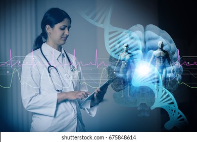 hispanic woman doctor and genetic engineering abstract. Internet of Things. 3D rendering.