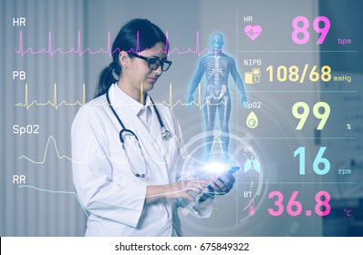 Hispanic Woman Doctor And Medical Technology. Internet Of Things. 3D Rendering.