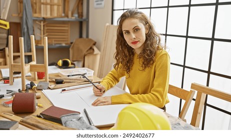 Hispanic woman drafting in a well-lit carpentry workshop, surrounded by tools and wood - Powered by Shutterstock