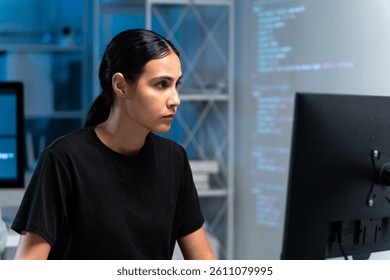 Hispanic woman engineer software coding keyboard programming computer screen tech digital information website analytics automation cloud virtual solutions innovation electronics