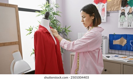 Hispanic woman fashion designer measuring red blouse on mannequin in a studio with sketches. - Powered by Shutterstock