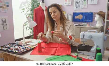 Hispanic woman fashion designer in a well-equipped atelier, working with red fabric and sewing accessories. - Powered by Shutterstock