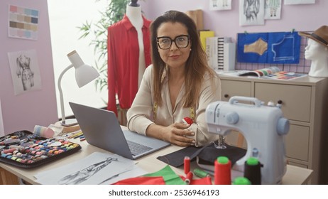 A hispanic woman fashion designer working in a modern tailor shop filled with sewing materials and sketches. - Powered by Shutterstock