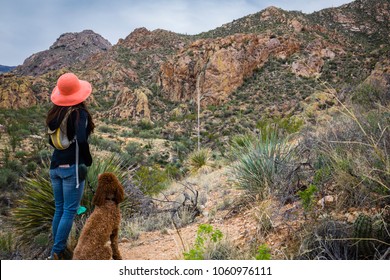 Hispanic woman hiking with a dog at Catalina State Park, Arizona