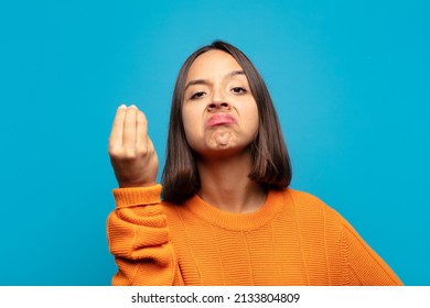 Hispanic Woman Making Capice Or Money Gesture, Telling You To Pay Your Debts!