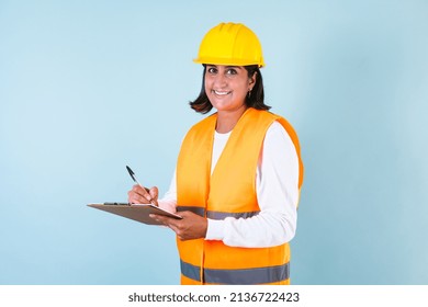 Hispanic Woman Professional Engineering Contractor Builder And Hard Worker With Helmet In Mexico Latin America