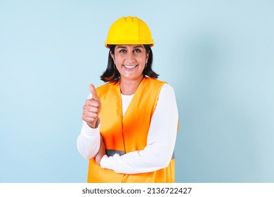 Hispanic Woman Professional Engineering Contractor Builder And Hard Worker With Helmet In Mexico Latin America