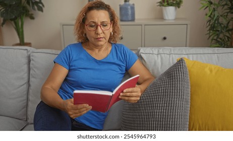 Hispanic woman reading a book in a cozy living room setting indoors, surrounded by plants and cushions. - Powered by Shutterstock