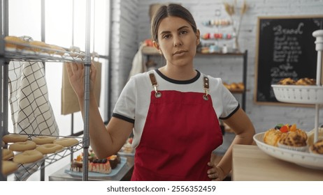 Hispanic woman standing in a bakery wearing a red apron, surrounded by fresh pastries and baked goods, with a confident expression in an indoors shop setting characterized by a cozy interior. - Powered by Shutterstock