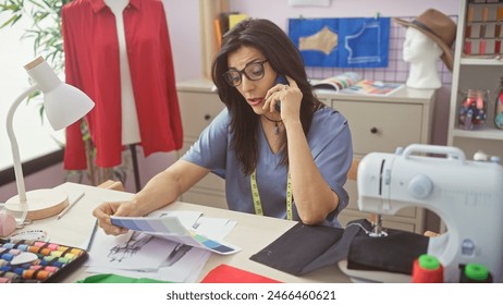 Hispanic woman in a tailor shop speaking on the phone while examining color swatches, surrounded by sewing equipment. - Powered by Shutterstock