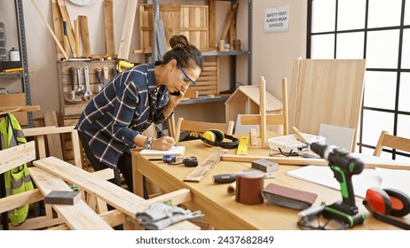 Hispanic woman talking on phone while working in a carpentry workshop, surrounded by woodworking tools and furniture. - Powered by Shutterstock