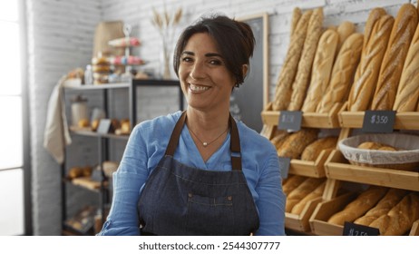 Hispanic woman working happily in a beautifully arranged bakery with fresh bread and pastries neatly displayed on shelves in the background - Powered by Shutterstock