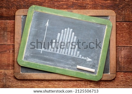 histogram with Gaussian (normal or bell shape) distribution - rough representation with white chalk on blackboard, mathematics and statistics concept