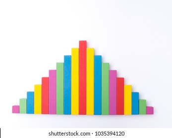 histogram with Gaussian (normal or bell shaped) distribution - rough representation with colorful wooden sticks on white background