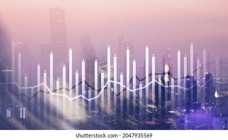Histogram and lines economic chart on modern architecture background.