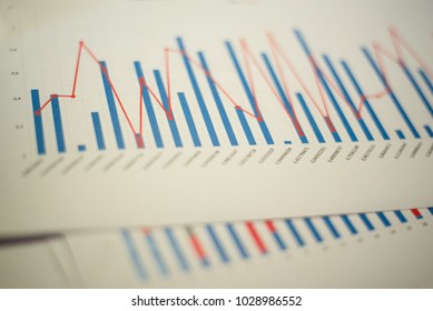 Histograms, charts and diagrams printed on white sheets of paper for data analysis