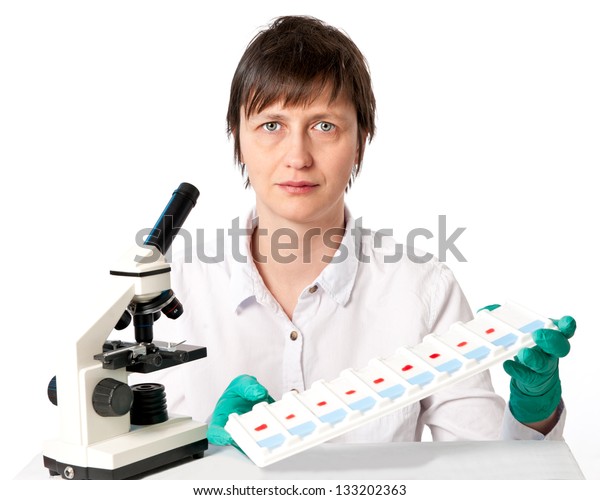 Histologist Microscope Tray Microscopic Slides On Stock Photo 133202363 ...