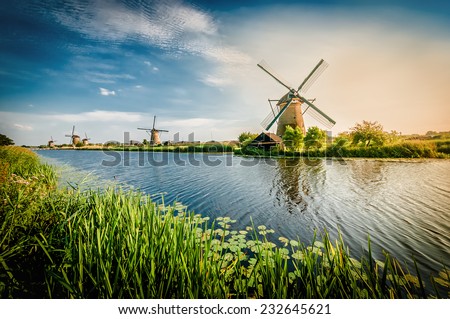 Historians Dutch windmills near Rotterdam.