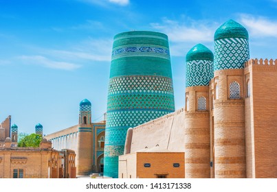 Historic architecture of Itchan Kala, walled inner town of the city of Khiva, Uzbekistan. UNESCO World Heritage Site.