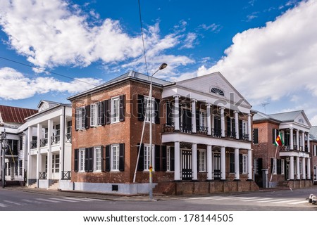 Historic architecture of the Waterkant street in the  historic city of Paramaribo, Suriname. The historic inner city of Paramaribo is a UNESCO World Heritage Site since 2002.