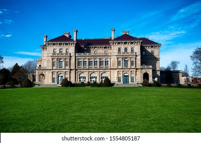 The Historic Back Exterior Of The Breakers In Newport Rhode Island In Late Autumn. 