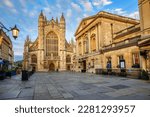 Historic Bath Abbey and roman baths building in Bath Old town center, England