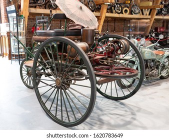 Historic Benz Patent Motorwagen From 1886 In The Museum Topacz Near Wroclaw, Poland, 12-29-2019