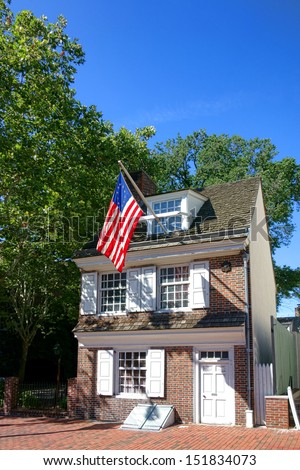 The historic Betsy Ross house tourism landmark with hanging American flag in Old City Philadelphia in Pennsylvania