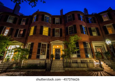 Historic Brick Homes In Beacon Hill At Night, In Boston, Massachusetts.