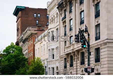 Historic buildings along Charles Street, in Mount Vernon, Baltimore, Maryland.