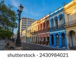 Historic buildings on Paseo del Prado between Calle Genios and Refugio Street in the morning in Old Havana (La Habana Vieja), Cuba. Old Havana is a World Heritage Site. 