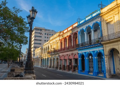 Historic buildings on Paseo del Prado between Calle Genios and Refugio Street in the morning in Old Havana (La Habana Vieja), Cuba. Old Havana is a World Heritage Site.  - Powered by Shutterstock