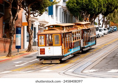 Historic Cable Car at „Powell Hyde“ turntable station near popular “Fisherman’s Wharf“ in San Francisco, California (USA). Unique and famous public transport system with wooden trains on steep roads - Powered by Shutterstock