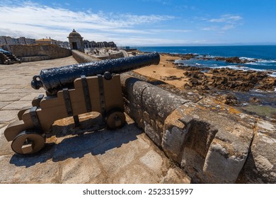 A historic cannon mounted on a stone fort wall overlooking the ocean, with clear blue skies in the background - Powered by Shutterstock