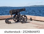 A historic cannon stands prominently on the embankment of Lake Onega, reflecting the rich heritage of Petrozavodsk near the water.