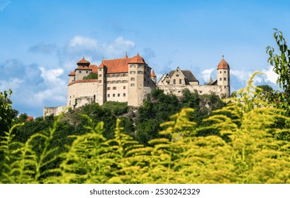 A historic castle of Harburg in Germany with red-tiled roofs situated on a hilltop, surrounded by lush greenery and under a blue sky with clouds. - Powered by Shutterstock