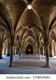 Historic cathedral hallway with beautiful arches in old stone castle
