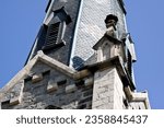 Historic Central Presbyterian Church in Galt, Cambridge, Ontario, Canada. Stonework. Brick Close up. Detail. History. Religion. Grand River. Antique architecture. Slate roof. Historical. Christianity.