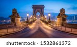 Historic Chain Bridge with lion statues in Budapest, Hungary