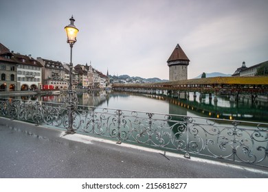 Historic Kapellbrücke (Chapel Bridge) On A Cloudy Day, Lucerne, Switzerland