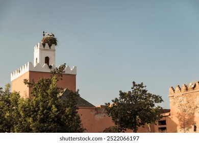 Historic Chapel With Storks Nesting on the Steeple Under a Clear Evening Sky in Morocco - Powered by Shutterstock