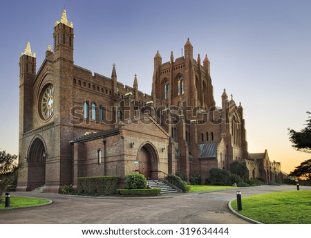 historic church of england anglican brick cathedral in Newcastle Australia at sunrise