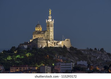The historic church "Notre Dame de la Garde" of Marseille in South France at night