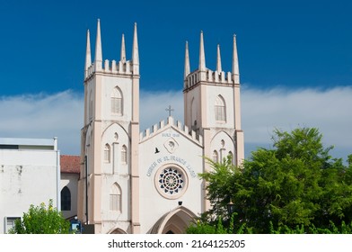The historic church of st. francis xavier in the city of Malacca Malaysia on a sunny day.  - Shutterstock ID 2164125205