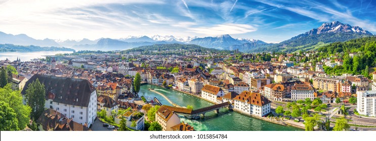 Historic city center of Lucerne with famous Chapel Bridge and lake Lucerne (Vierwaldstattersee), Canton of Luzern, Switzerland - Shutterstock ID 1015854784