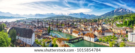 Historic city center of Lucerne with famous Chapel Bridge and lake Lucerne (Vierwaldstattersee), Canton of Luzern, Switzerland
