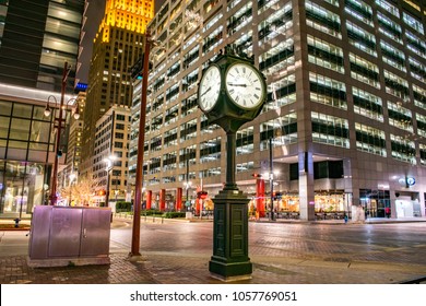 Historic City Clock At The Intersection Of Main Street And Texas Street At Night (Downtown Houston) - Houston, Texas, USA 