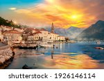 Historic city of Perast in the Bay of Kotor in summer at sunset