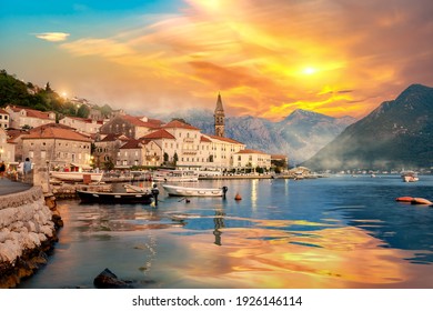 Historic city of Perast in the Bay of Kotor in summer at sunset