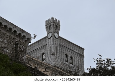 Historic Clock Tower with Security Camera Overlooking the Cityscape